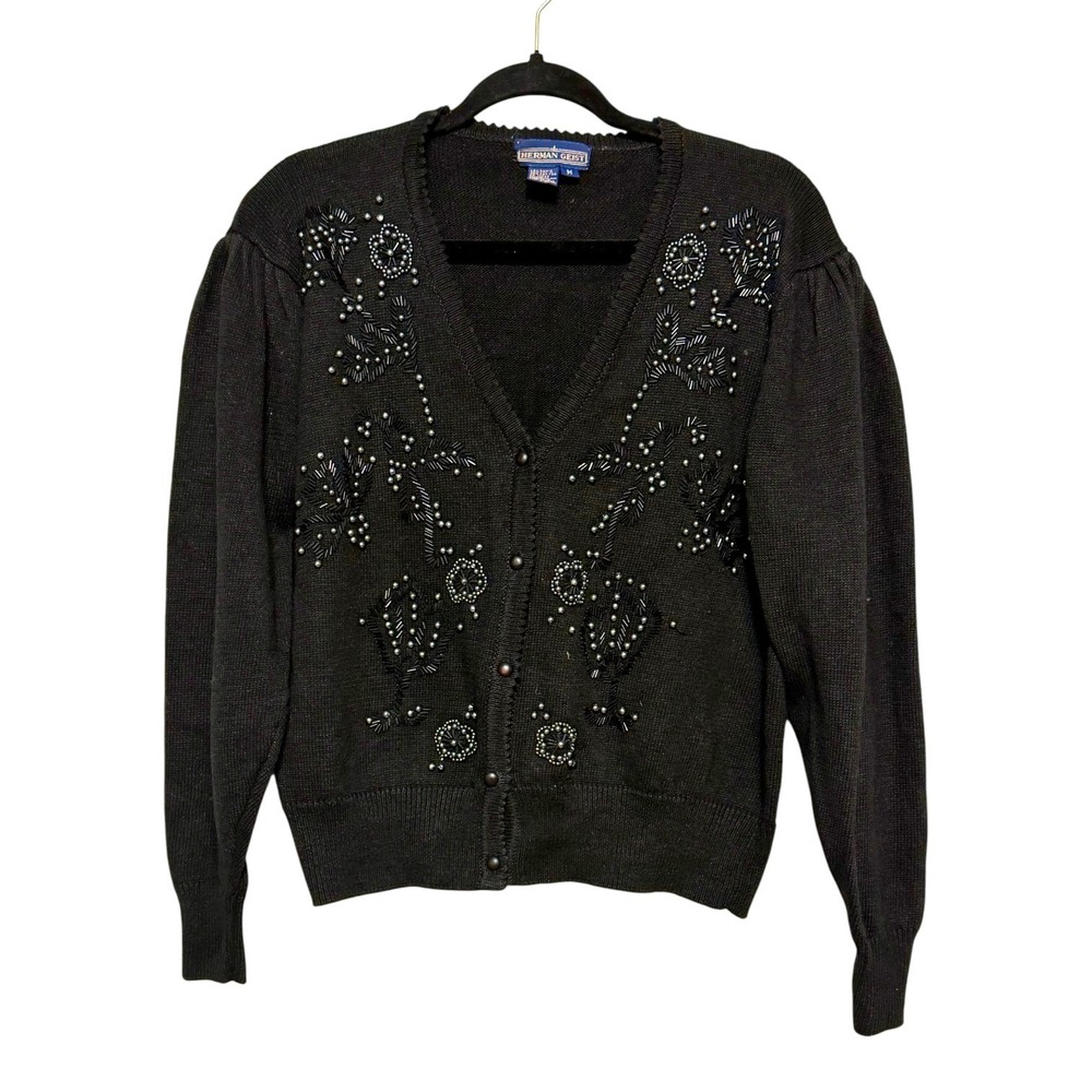 Vintage Herman Geist‎ Old Money Beaded Cardigan Womens Size M 90s Luxury Goth